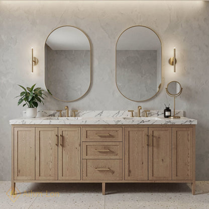 70''-96'' Modern Bathroom Vanity with Sink Marble Wood Grain Brass Open Drawers