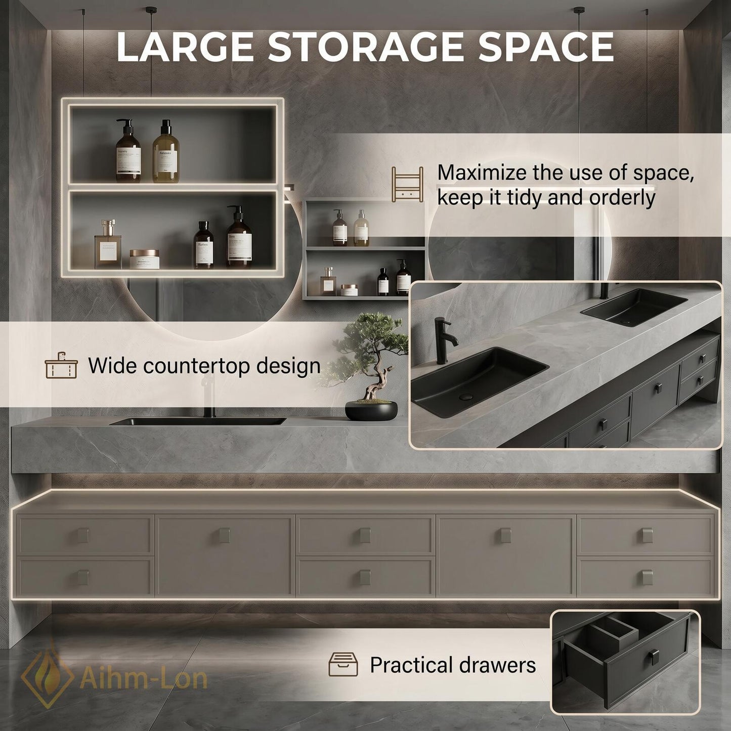 76''-96'' Double Bathroom Vanity with Sink Dark Floating Top Storage Sleek Matte
