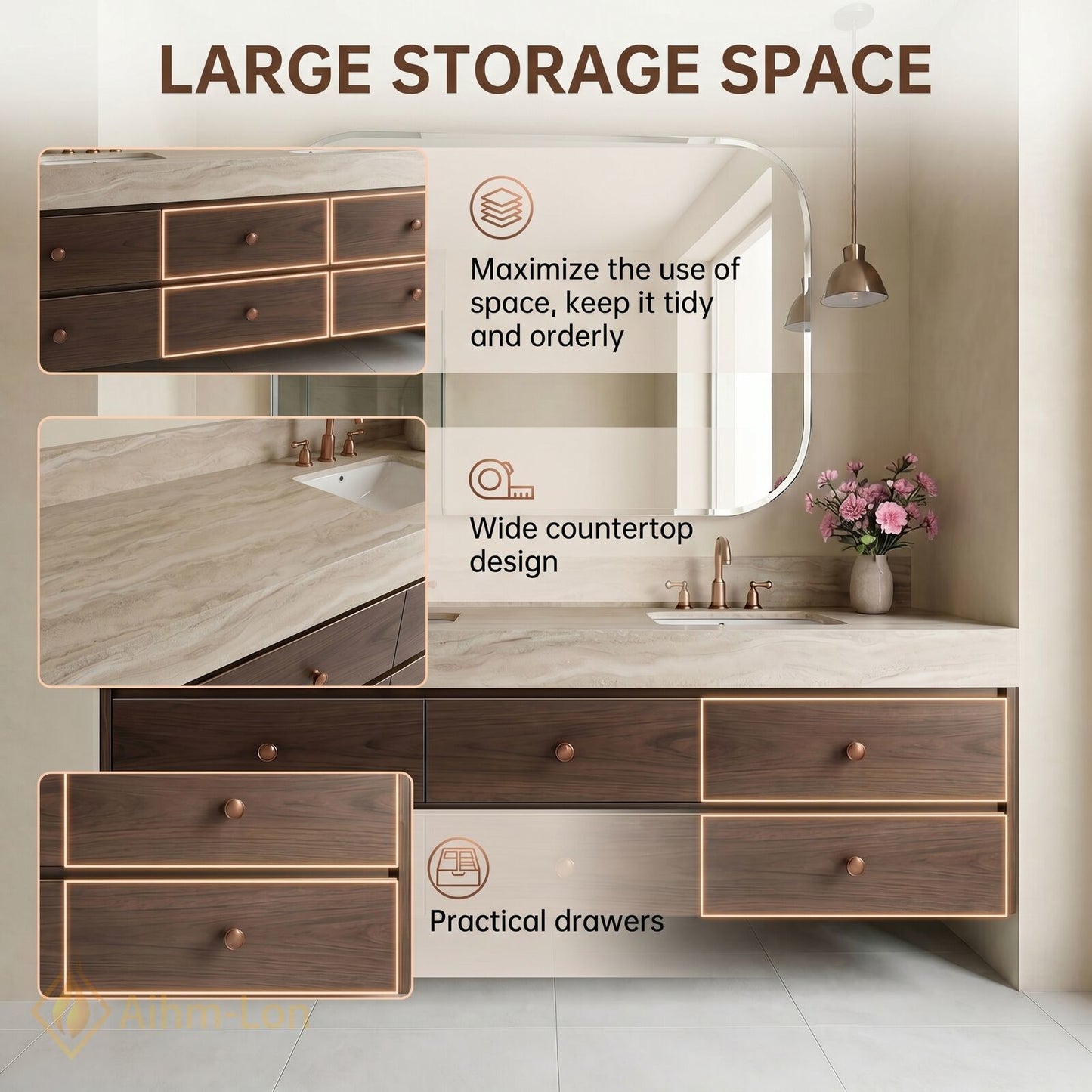60''-96'' Modern Bathroom Vanity with Sink Floating Dark Walnut Clean Edge Six Drawers