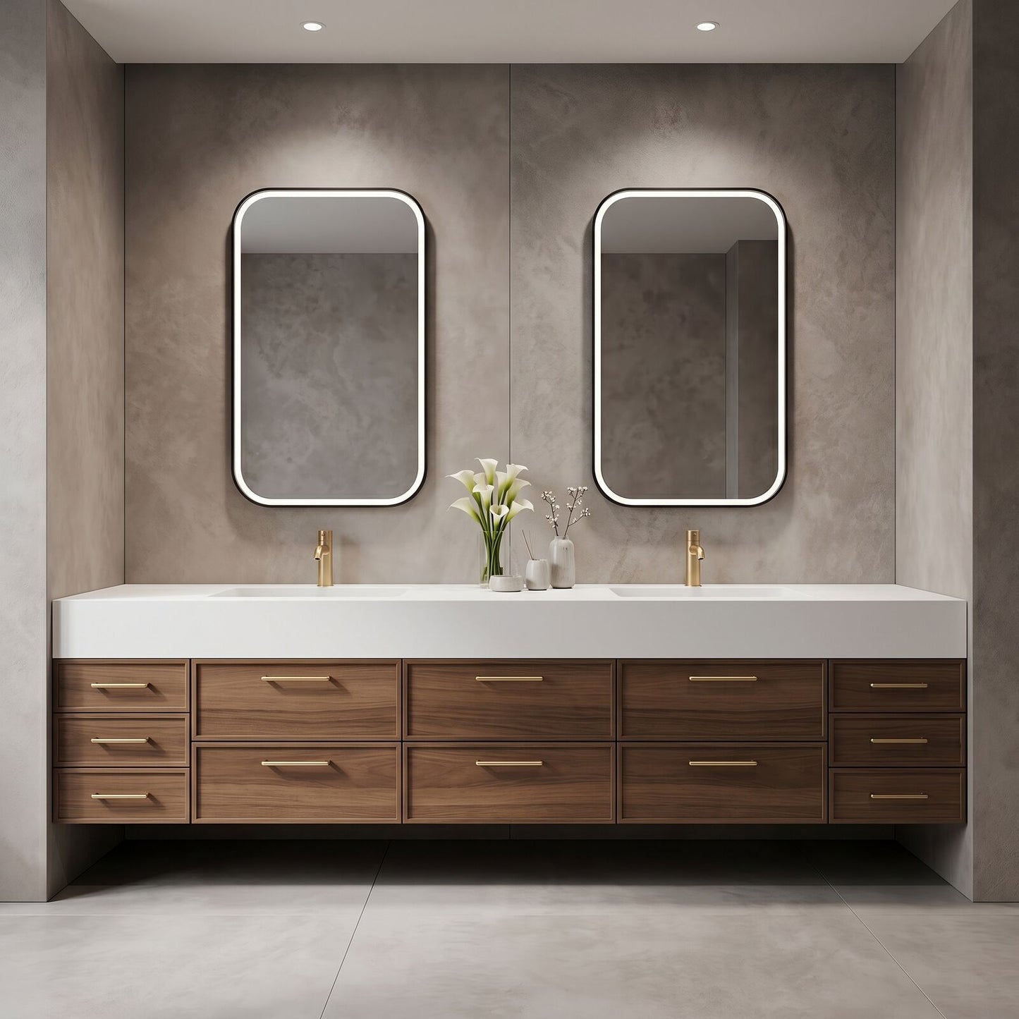 76''-96'' Modern Bathroom Vanity with Sink Floating Drawers Gold Hardware Dual Mirrors