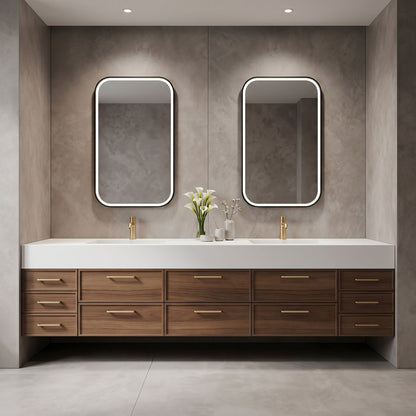76''-96'' Modern Bathroom Vanity with Sink Floating Drawers Gold Hardware Dual Mirrors