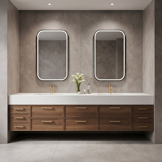76''-96'' Modern Bathroom Vanity with Sink Floating Drawers Gold Hardware Dual Mirrors