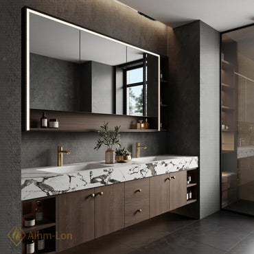 70''-96'' Floating Double Bathroom Vanity with Sink Dark Walnut Slatted Center Panel
