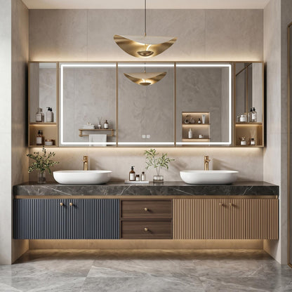 60''-96'' Double Bathroom Vanity with Sink Modern Dark Stone Finish Ribbed Panels