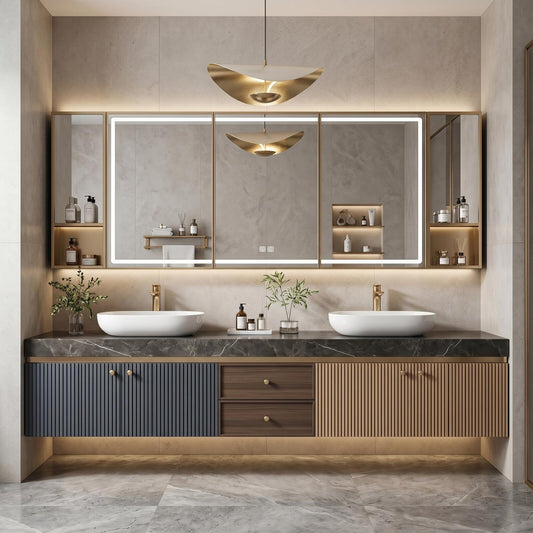 60''-96'' Double Bathroom Vanity with Sink Modern Dark Stone Finish Ribbed Panels