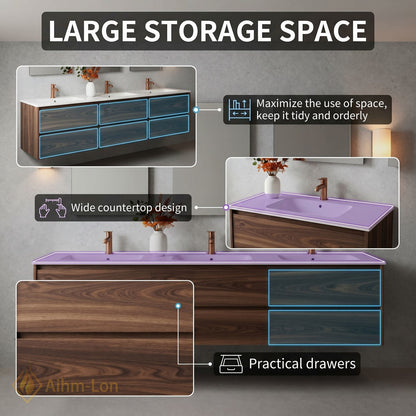78''-96'' Modern Bathroom Vanity with Sink Triple Floating Dark Wood Grain Mirror Set