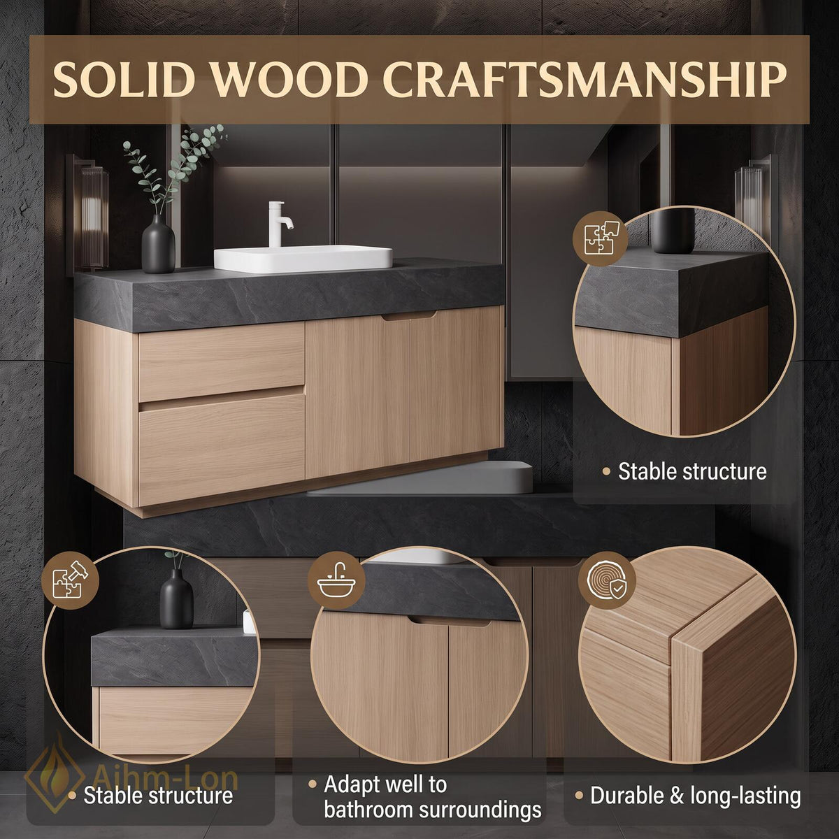 36''-110'' Modern Bathroom Vanity with Sink Handleless Drawers Warm Wood Doors