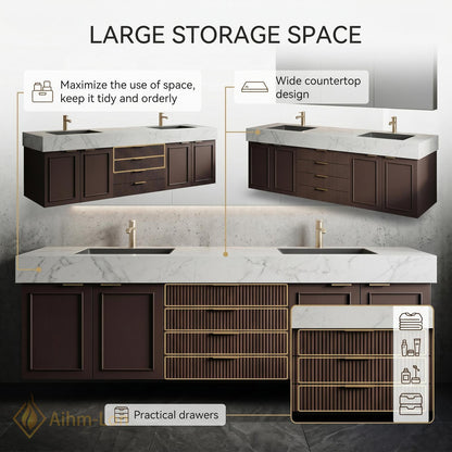 76''-96'' Modern Double Bathroom Vanity with Sink Dark Walnut Slatted Center Panel