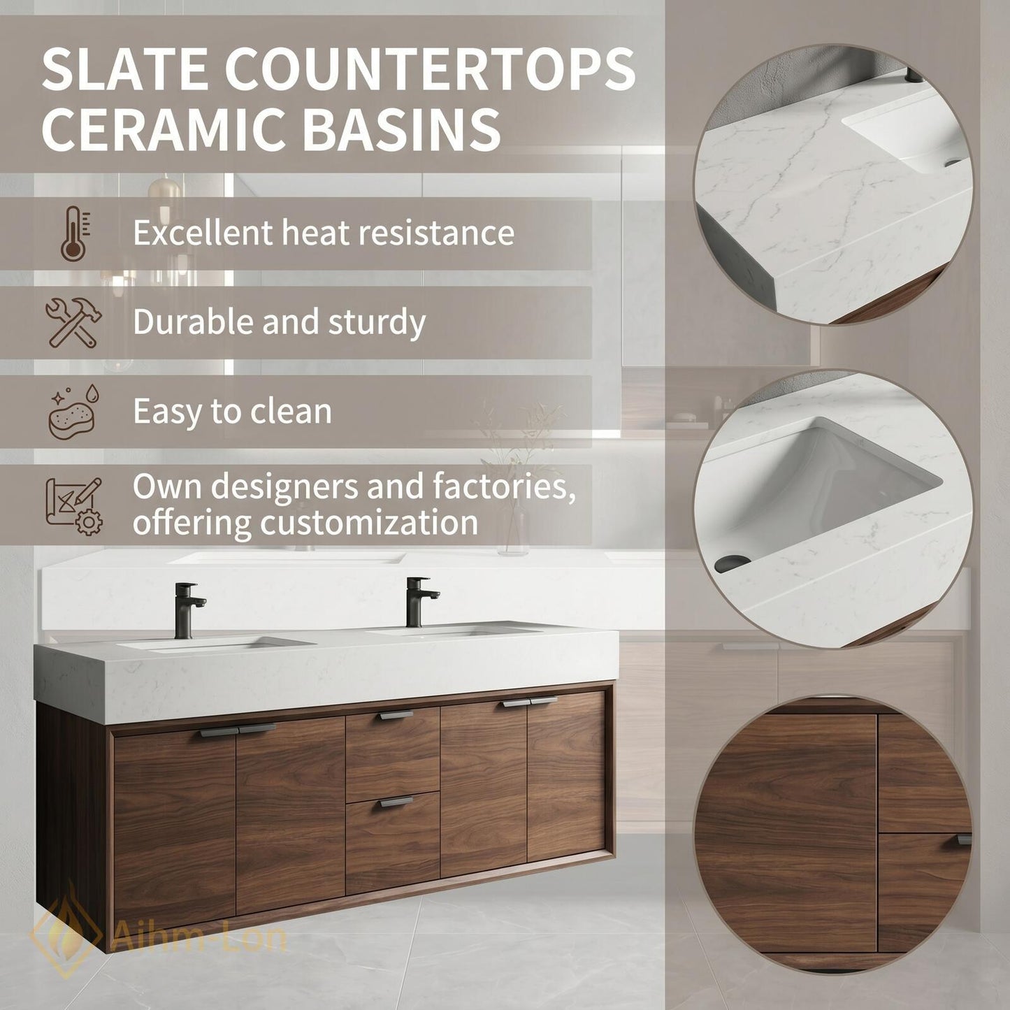 70''-96'' Modern Double Bathroom Vanity with Sink Floating Warm Walnut Open Shelving