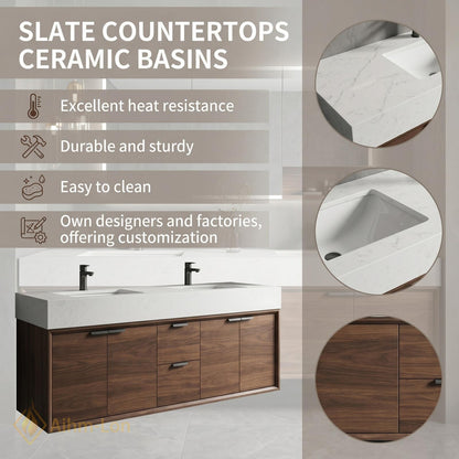 70''-96'' Modern Double Bathroom Vanity with Sink Floating Warm Walnut Open Shelving
