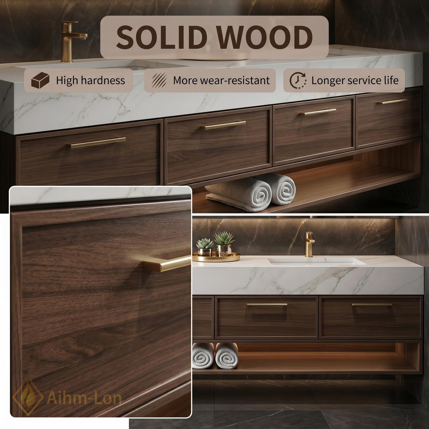 72''-96'' Double Bathroom Vanity with Sink Dark-Wood Modern Floating Drawers Storage