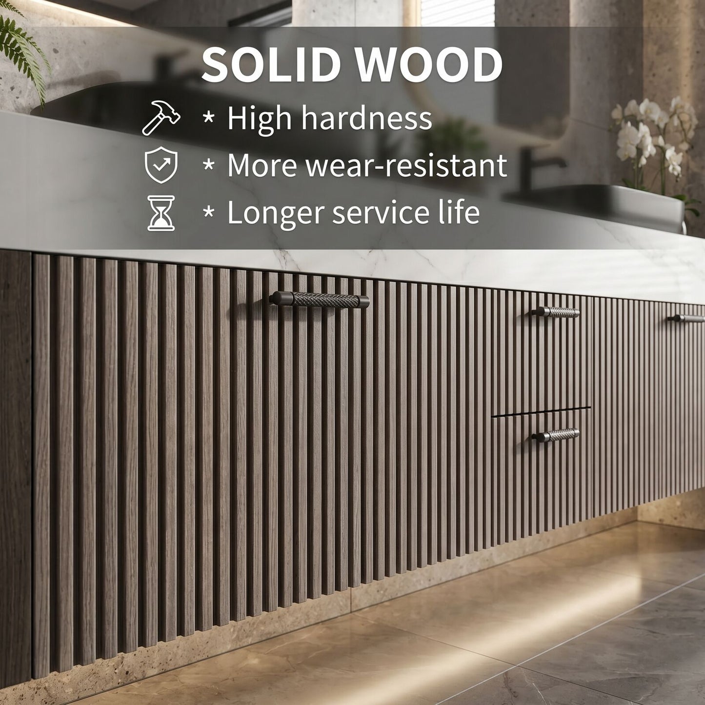 70''-96'' Floating Bathroom Vanity with Sink Double Sink Marble Veined Slatted Front Cabinet