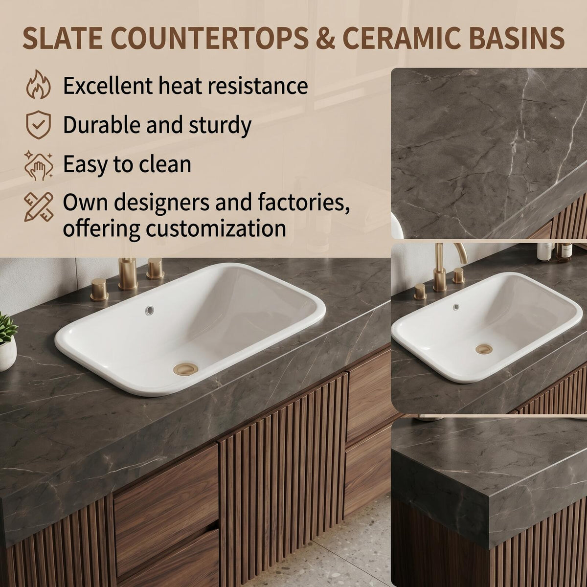 60''-96'' Double Bathroom Vanity with Sink Modern Floating Dark Stone Slatted Open Shelving
