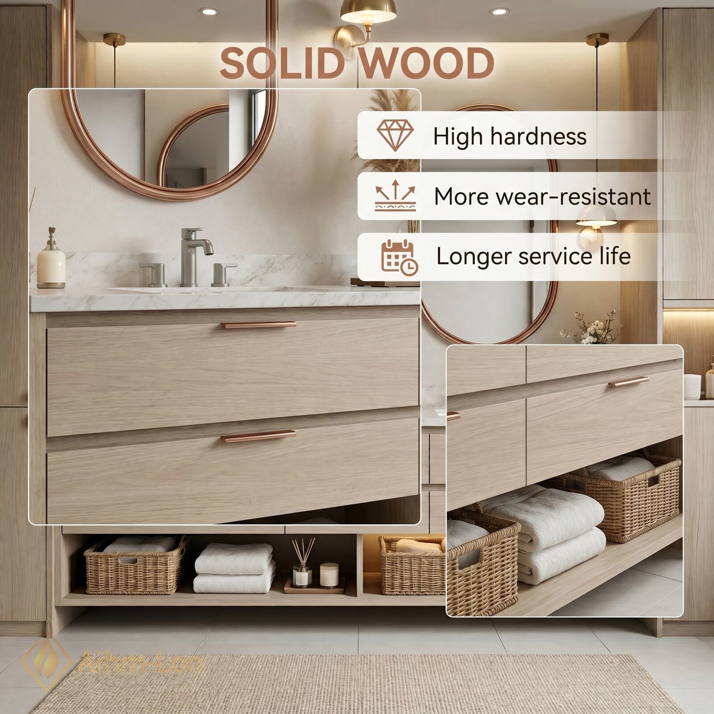 70''-96'' Double Bathroom Vanity with Sink Marble-Style Top Floating Frame Design