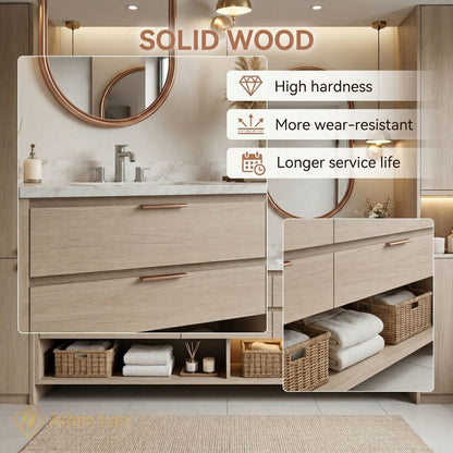 70''-96'' Double Bathroom Vanity with Sink Marble-Style Top Floating Frame Design