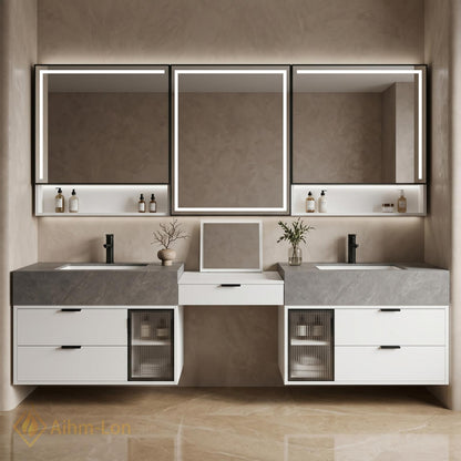72''-96'' Double Bathroom Vanity with Sink Grey Modern Floating Marble Glass Door