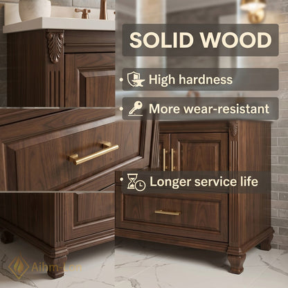70''-96'' Modern Bathroom Vanity with Sink Dark Wood Rectangular Base Gold Drawers