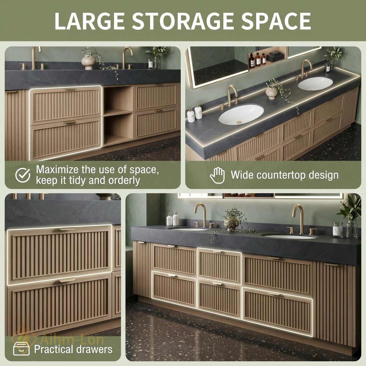 60''-96'' Double Bathroom Vanity with Sink Slatted Dark Stone Top Spacious Storage