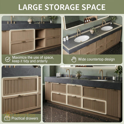 60''-96'' Double Bathroom Vanity with Sink Slatted Dark Stone Top Spacious Storage