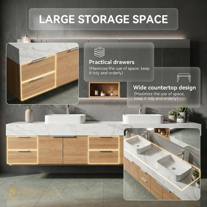 60''-96'' Double Bathroom Vanity with Sink White Marble-look Top Natural Oak Spacious Drawers