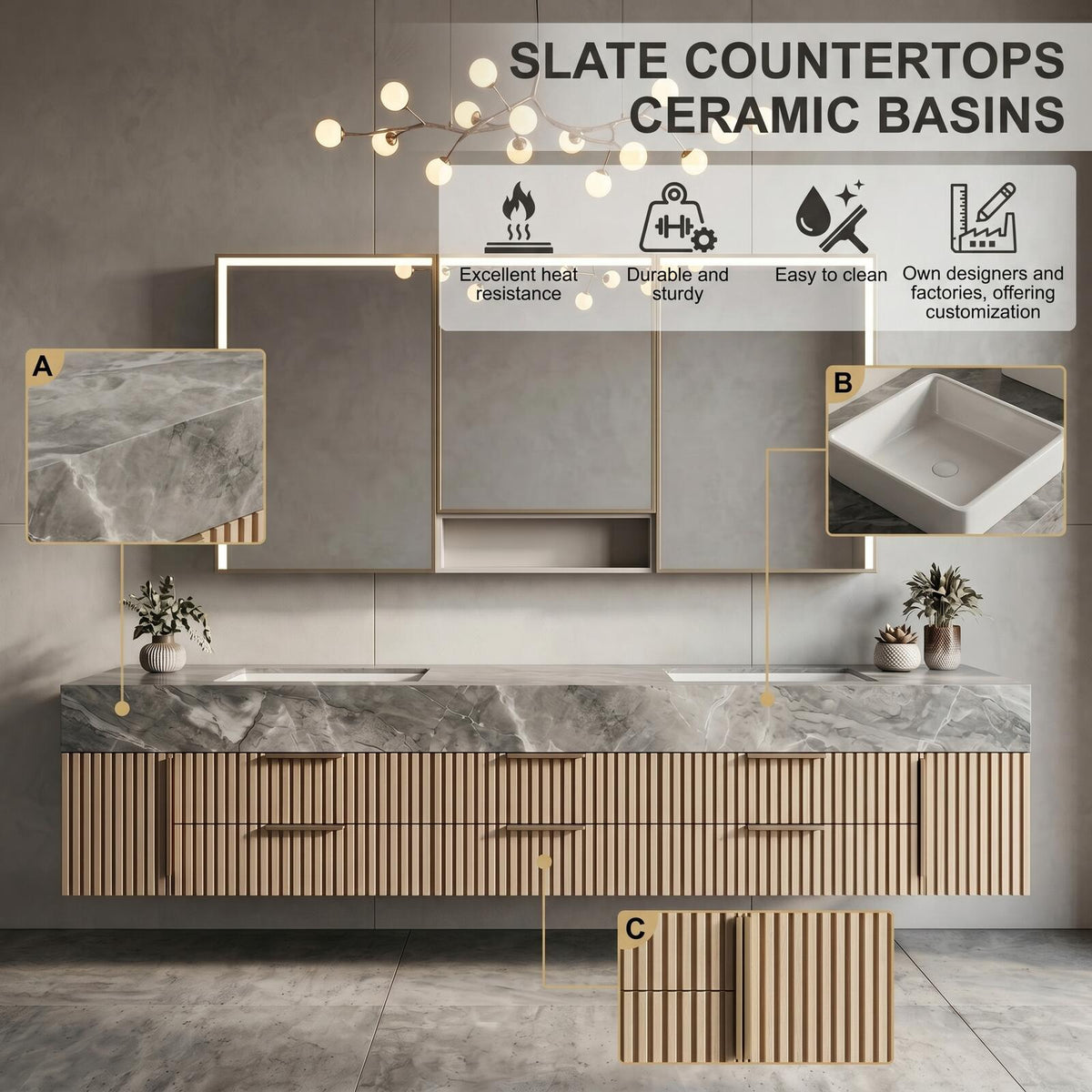 60''-96'' Double Bathroom Vanity with Sink Modern Floating Grey Marble Look Slatted Panel