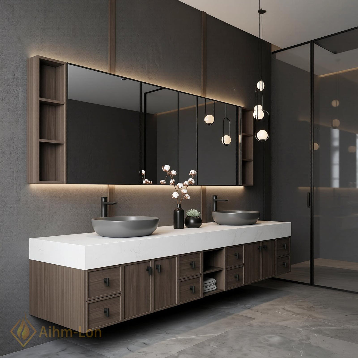 60''-96'' Double Bathroom Vanity with Sink Modern Floating White Stone Top Dark