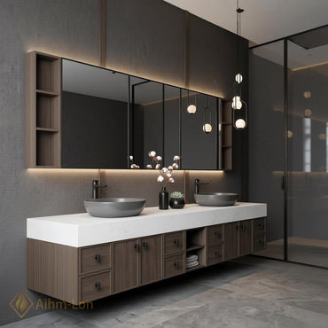 60''-96'' Double Bathroom Vanity with Sink Modern Floating White Stone Top Dark