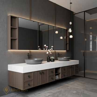 60''-96'' Double Bathroom Vanity with Sink Modern Floating White Stone Top Dark