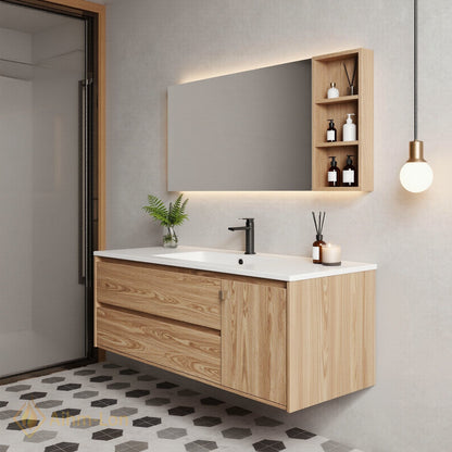 36''-64'' Floating Bathroom Vanity with Sink Warm Wood Grain White Integrated Mirror