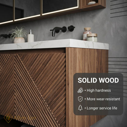 70''-96'' Modern Floating Bathroom Vanity with Sink Slatted Geometric Panels Marble Top