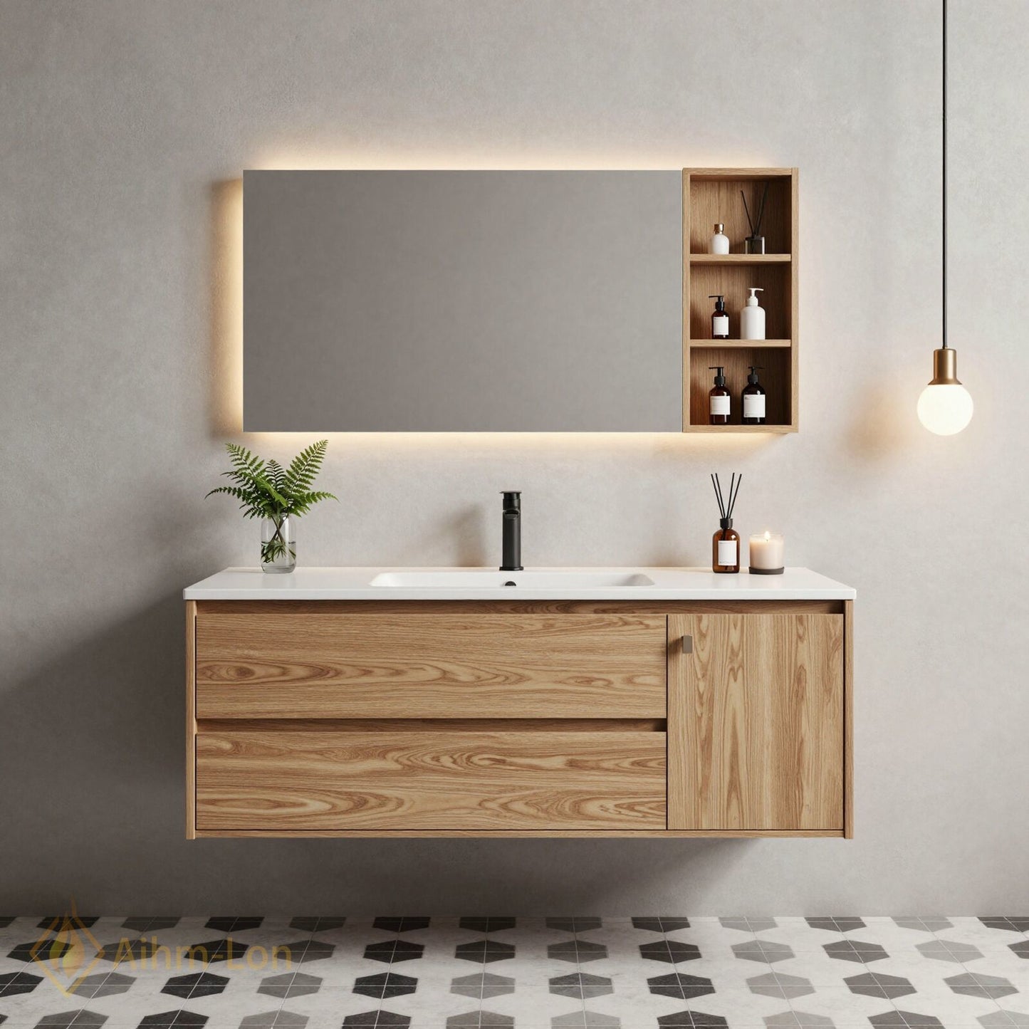 36''-64'' Floating Bathroom Vanity with Sink Warm Wood Grain White Integrated Mirror