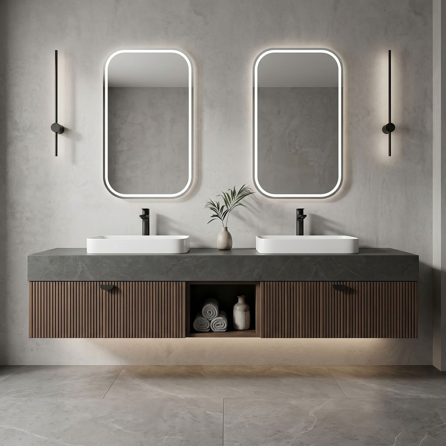 60''-96'' Modern Bathroom Vanity with Sink Double Sink Dark Stone Slatted Wood Open Shelf