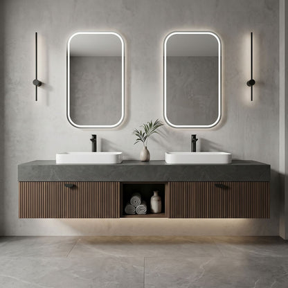 60''-96'' Modern Bathroom Vanity with Sink Double Sink Dark Stone Slatted Wood Open Shelf