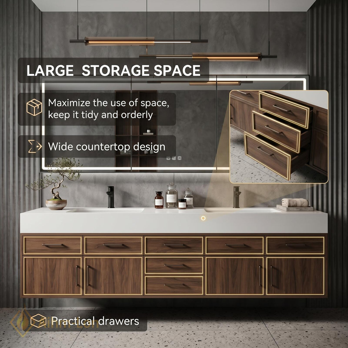 60''-96'' Double Bathroom Vanity with Sink Dark Walnut Finish Floating Modern Slatted
