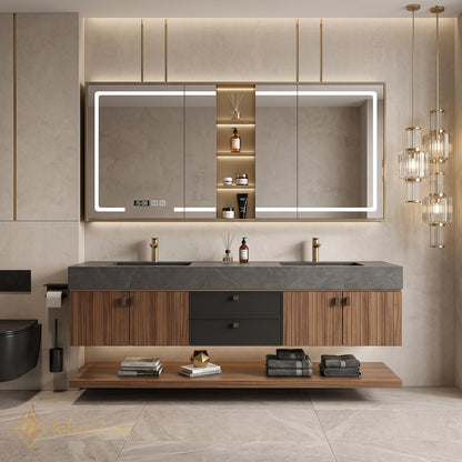 60''-96'' Double Bathroom Vanity with Sink Modern Floating Dark Stone Slatted Center