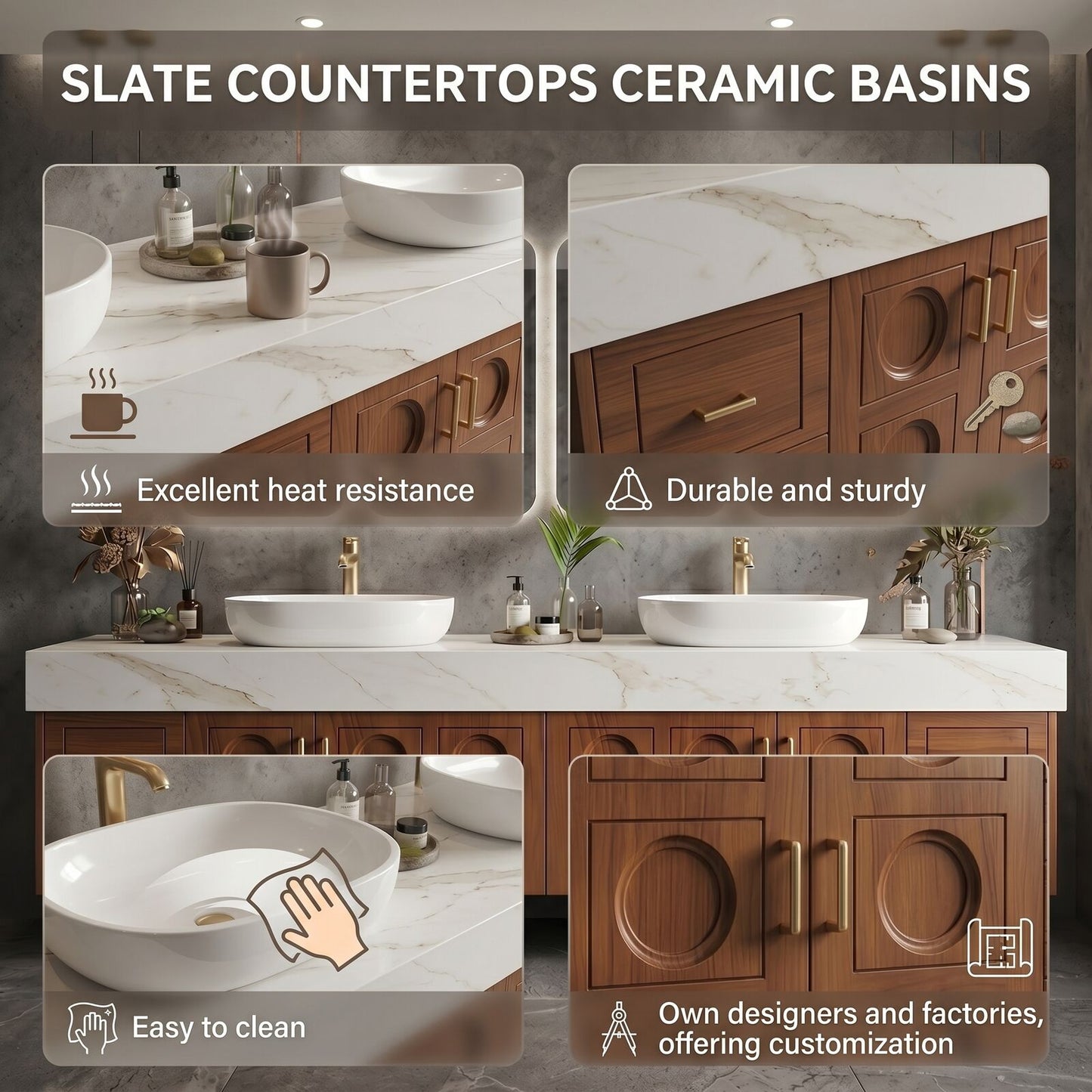 70''-96'' Modern Bathroom Vanity with Sink Carved Circular Panels Rich Wood Grain Cabinet