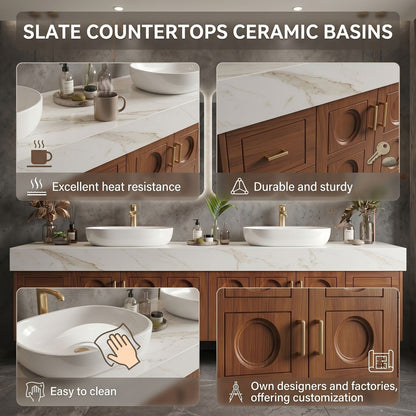 70''-96'' Modern Bathroom Vanity with Sink Carved Circular Panels Rich Wood Grain Cabinet