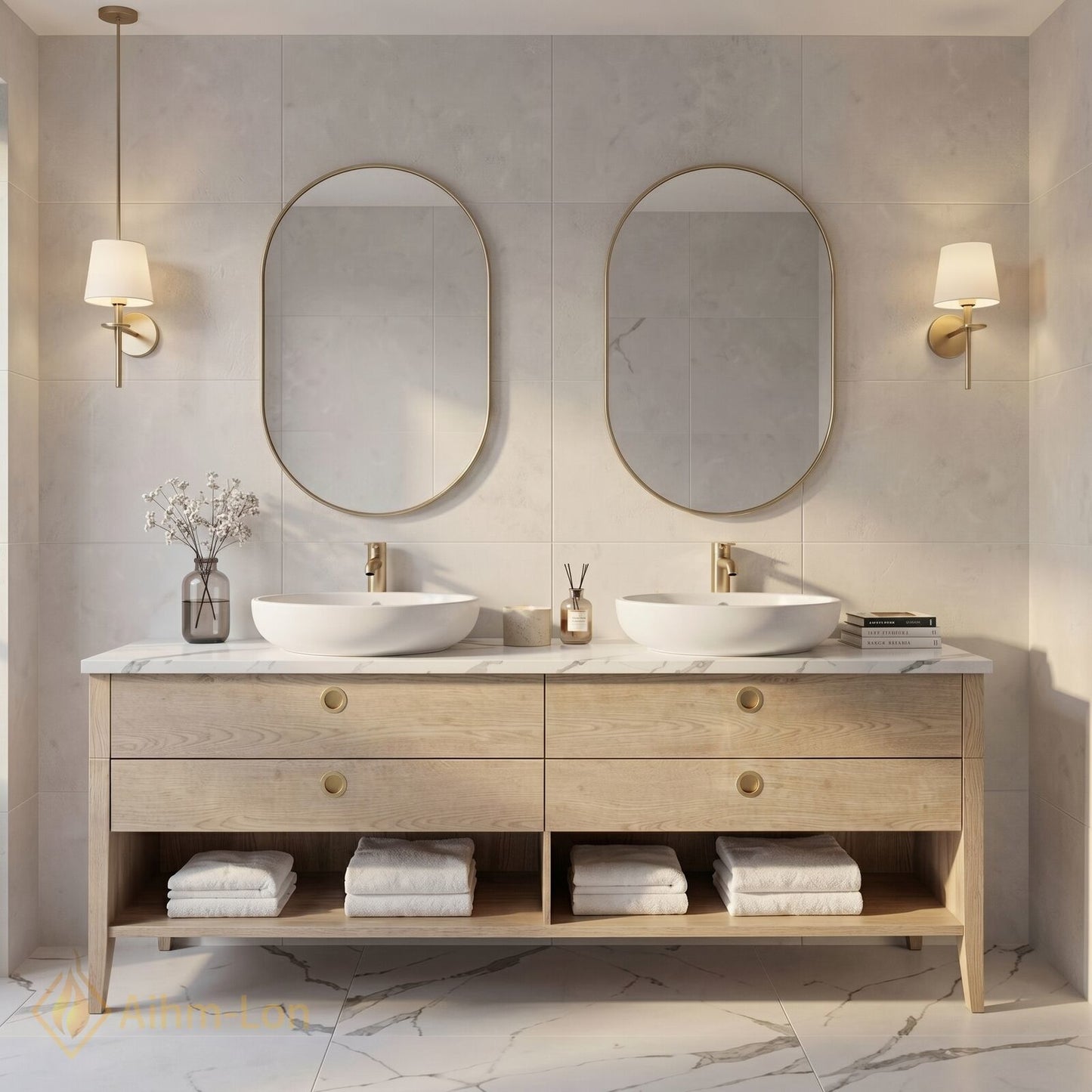 60''-96'' Double Bathroom Vanity with Sink Woodgrain Marble Pattern Floating Frame Cabinet