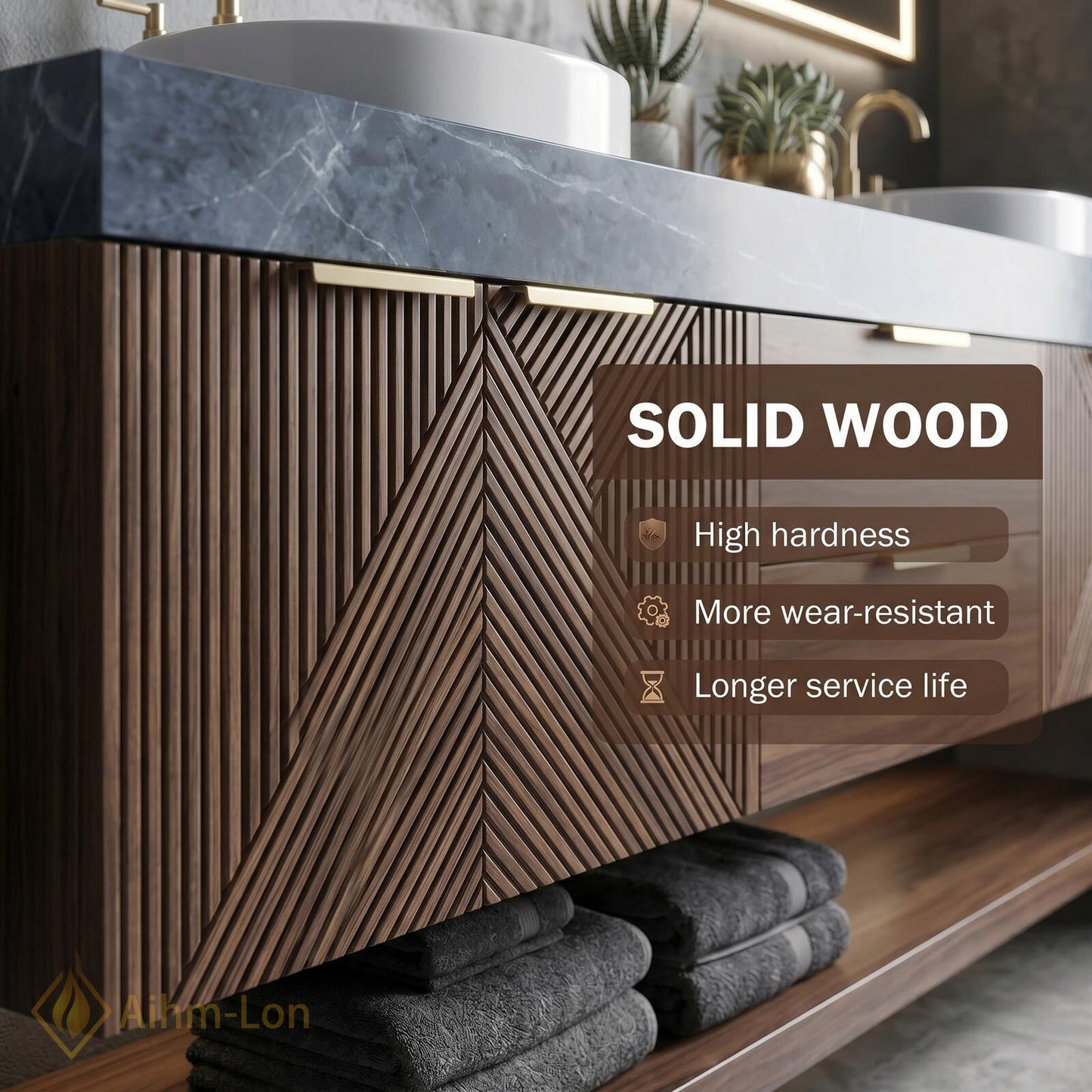 70''-96'' Double Bathroom Vanity with Sink Geometric Slatted Doors Rich Walnut Grain