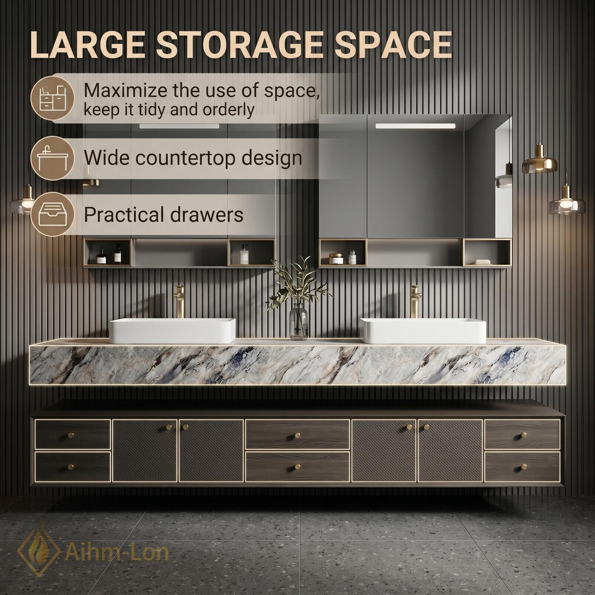 76''-96'' Double Bathroom Vanity with Sink Marble Top Glass Mirror Cabinets Storage