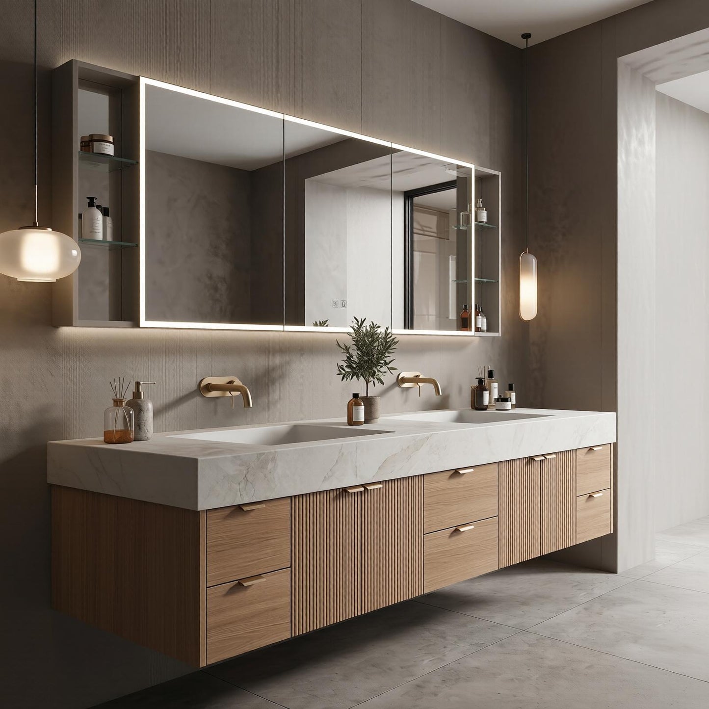 70''-96'' Modern Bathroom Vanity with Sink Double Sink Grooved Vertical Wood Finish Drawers Cabinet