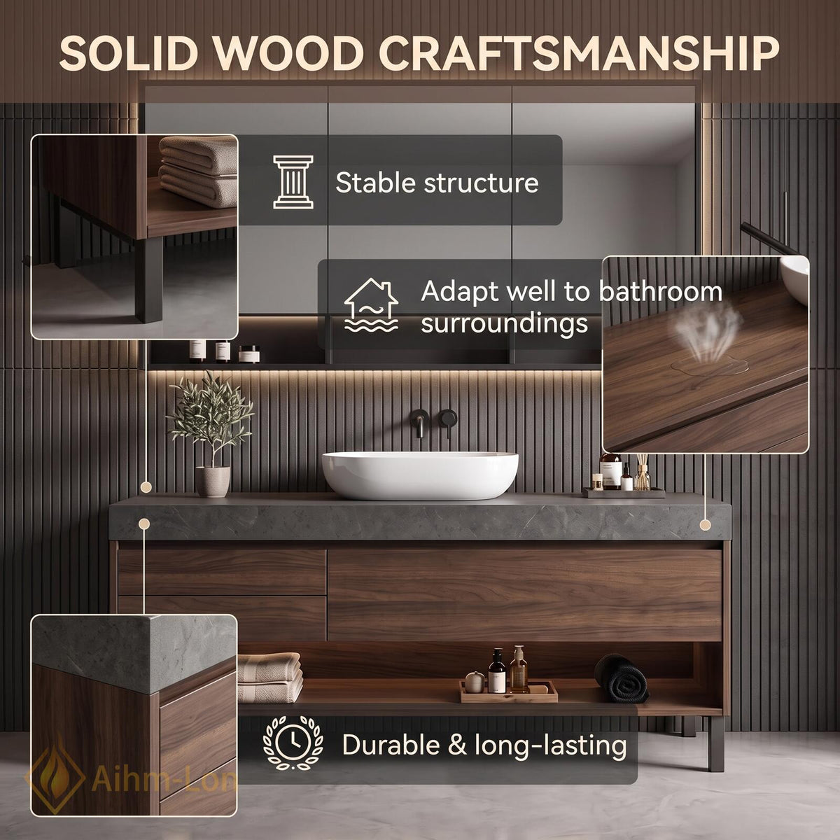36''-110'' Double Bathroom Vanity with Sink Floating Walnut Drawers Open Shelf