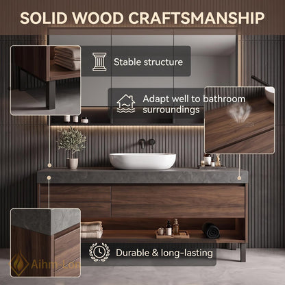 36''-110'' Double Bathroom Vanity with Sink Floating Walnut Drawers Open Shelf