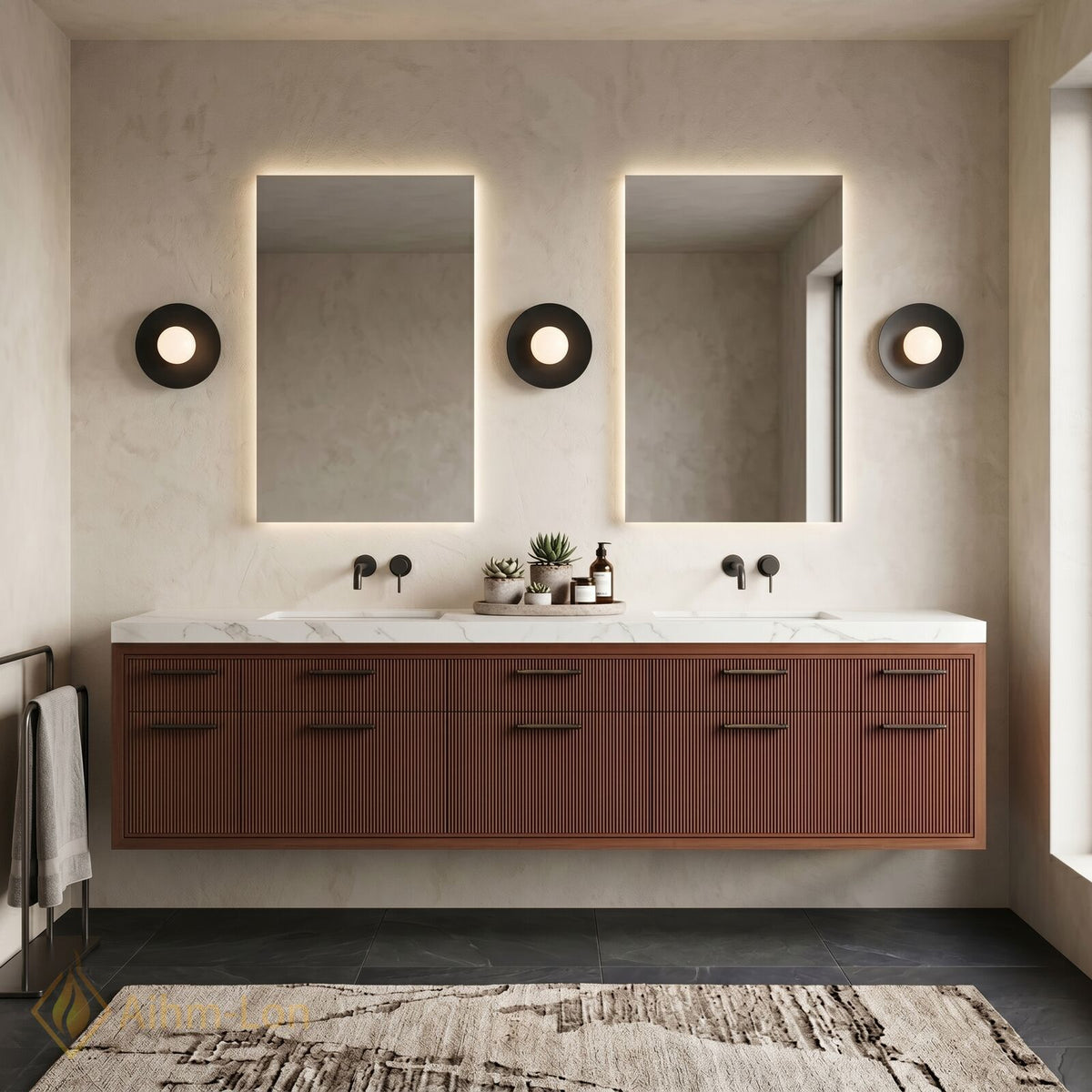 78''-96'' Double Bathroom Vanity with Sink Ribbed Wood Front Paneling Floating Storage