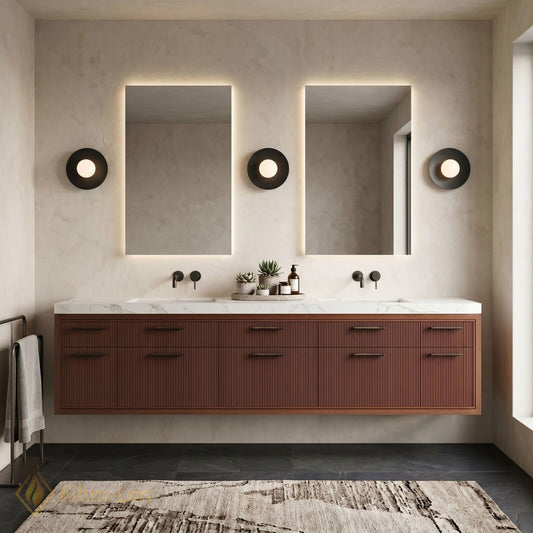 78''-96'' Double Bathroom Vanity with Sink Ribbed Wood Front Paneling Floating Storage