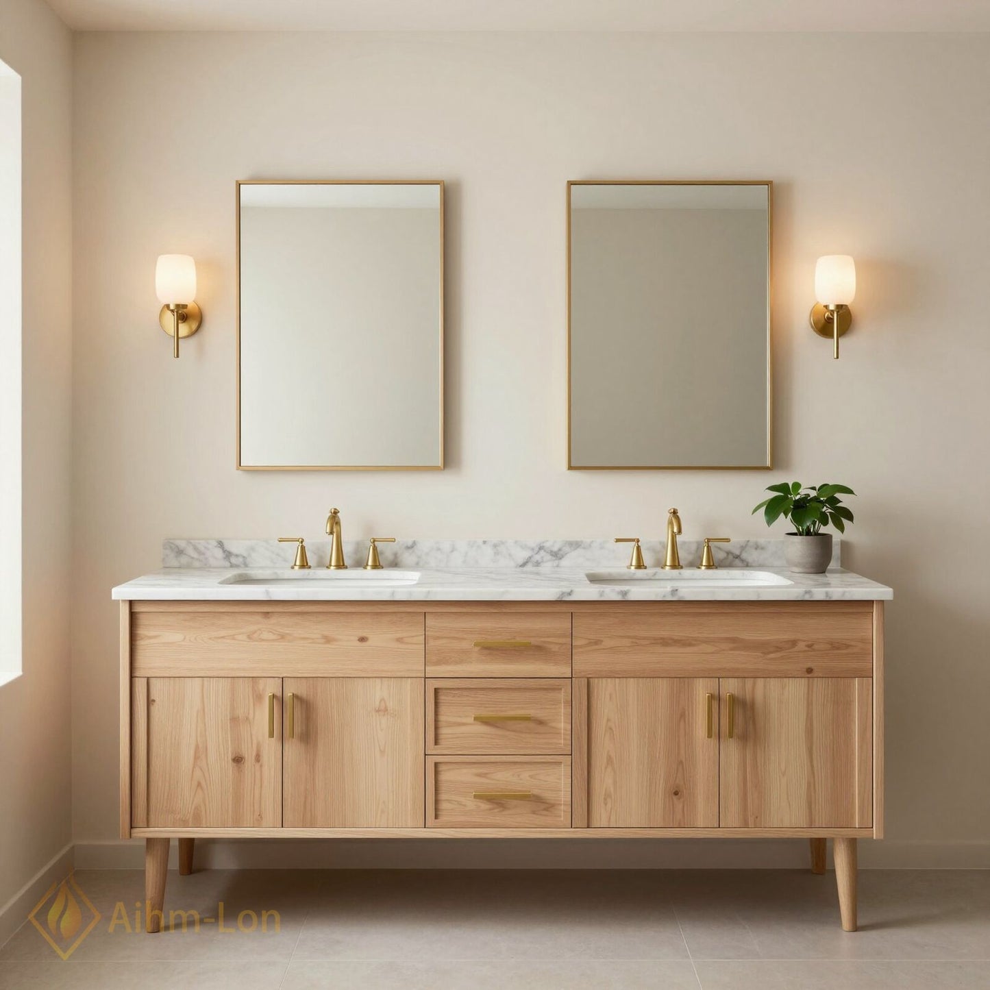 60''-96'' Modern Bathroom Vanity with Sink Wood Grain Marble Gold Handles Cabinet