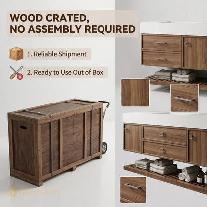60''-96'' Double Bathroom Vanity with Sink Modern Floating Warm Wood Finish Open