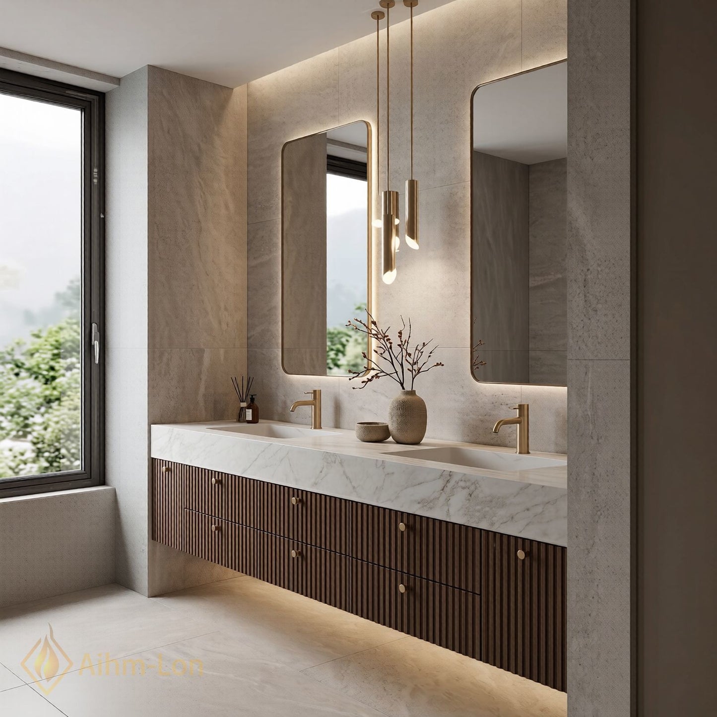 70''-96'' Double Bathroom Vanity with Sink Modern Stone-Top Fluted Panels Marble Sleek
