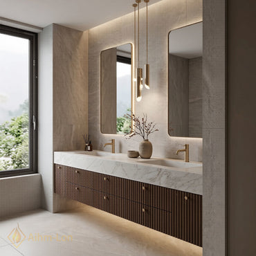 70''-96'' Double Bathroom Vanity with Sink Modern Stone-Top Fluted Panels Marble Sleek