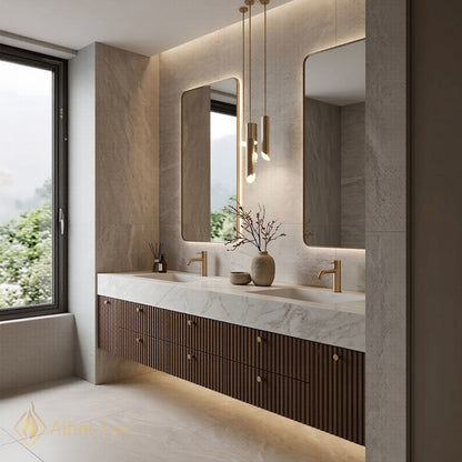 70''-96'' Double Bathroom Vanity with Sink Modern Stone-Top Fluted Panels Marble Sleek